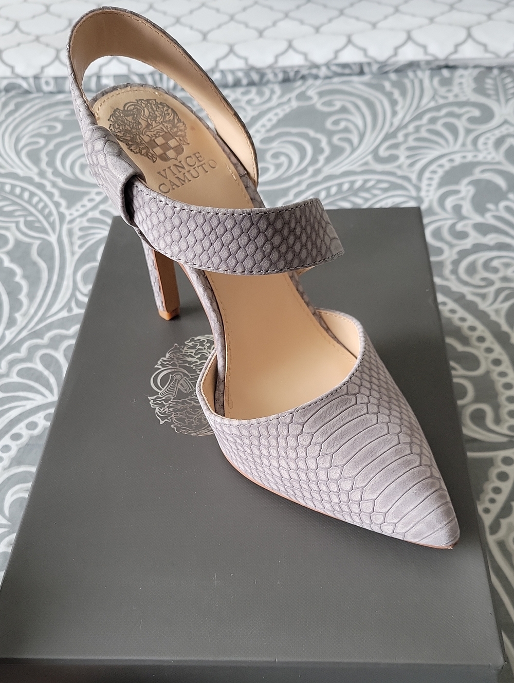 Vince Camuto Calin Gray  Snake-Embossed Pointed Slingback Pump Leather Upper